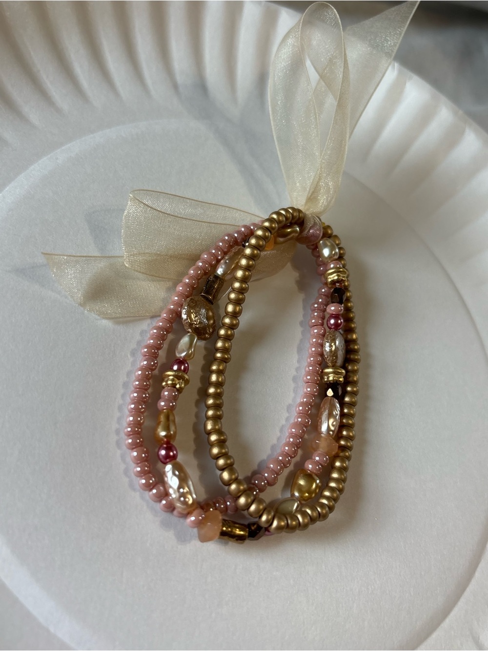 Gold, Bronze & Pink Beaded Stretch Bracelet Set (3) New